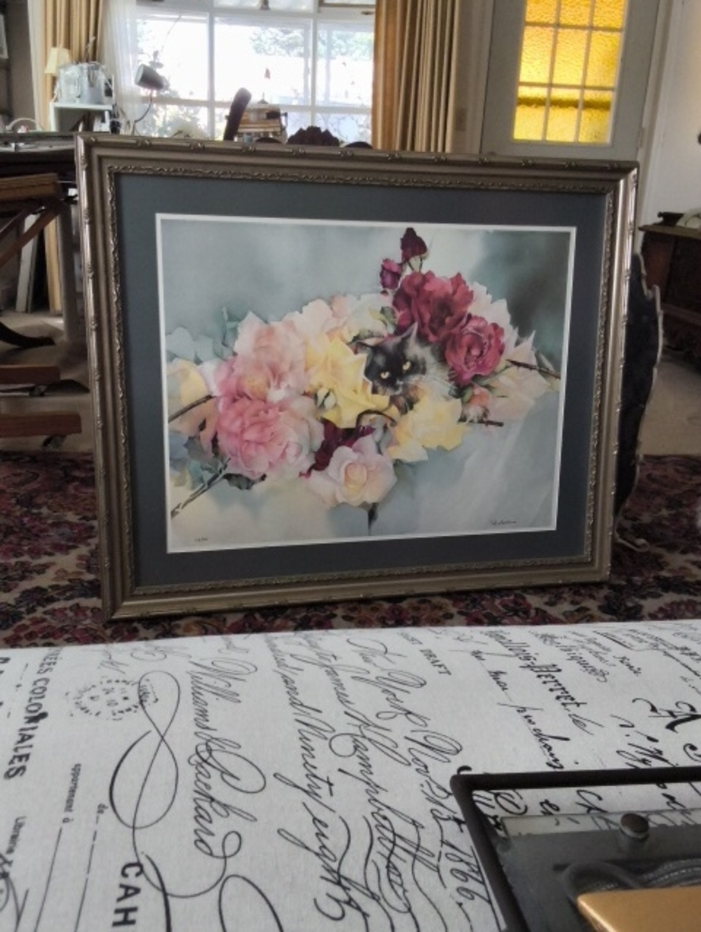 Framed Floral Watercolor Print with Cat - Pink, Yellow & Cream Blooms